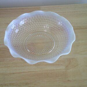 Anchor Hocking Moonstone Opalescent Clear Hobnail Glass Ruffled Serving Bowl